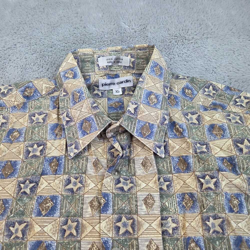 Pierre Cardin Button Down Shirt Mens XL Geometric Star Diamond Print Blue Tan